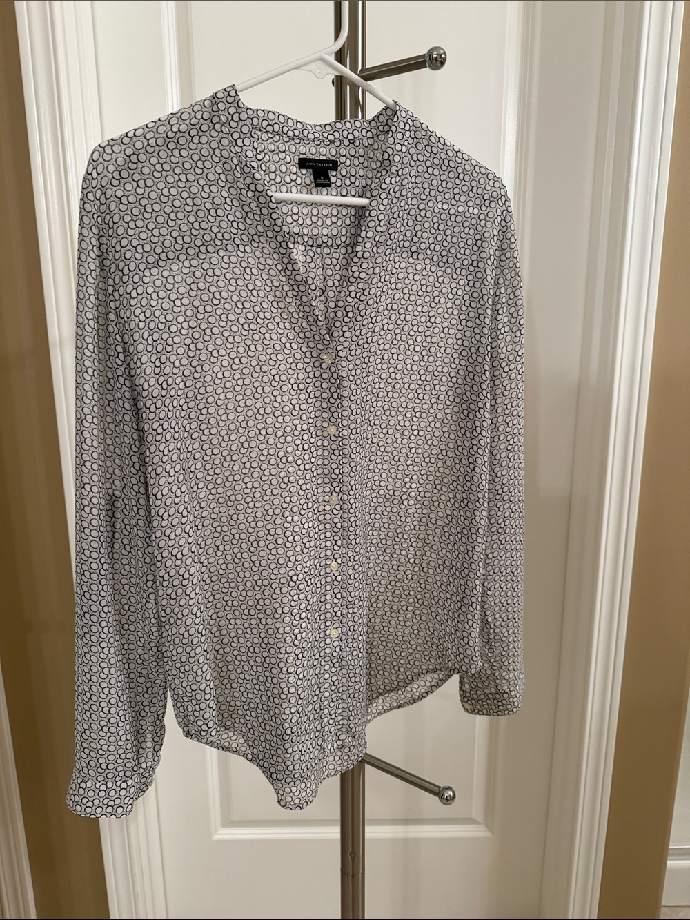 Ann Taylor White Blouse with Navy Circle Print